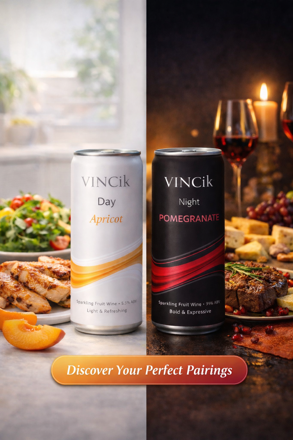 VINCik sparkling fruit wine cans with food pairings – Apricot Day with grilled chicken and salad, Pomegranate Night with steak and cheese, Discover Your Perfect Pairings.
