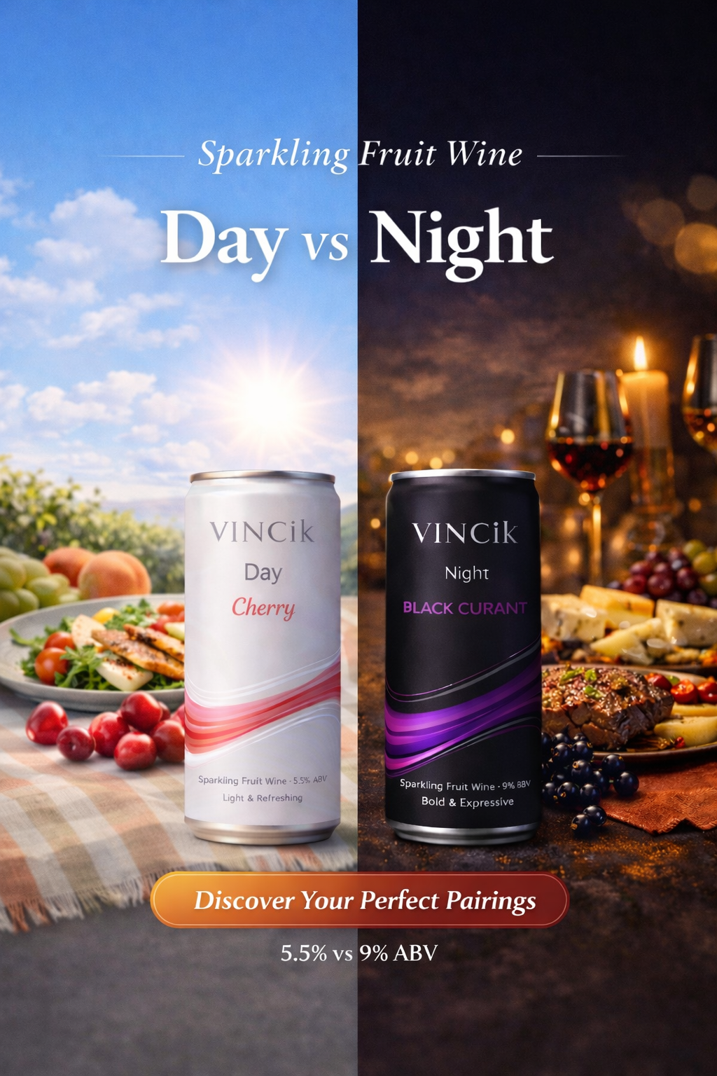 Sparkling fruit wine food pairing – VINCik Day Cherry with light dishes and VINCik Night Black Currant with steak and cheese.