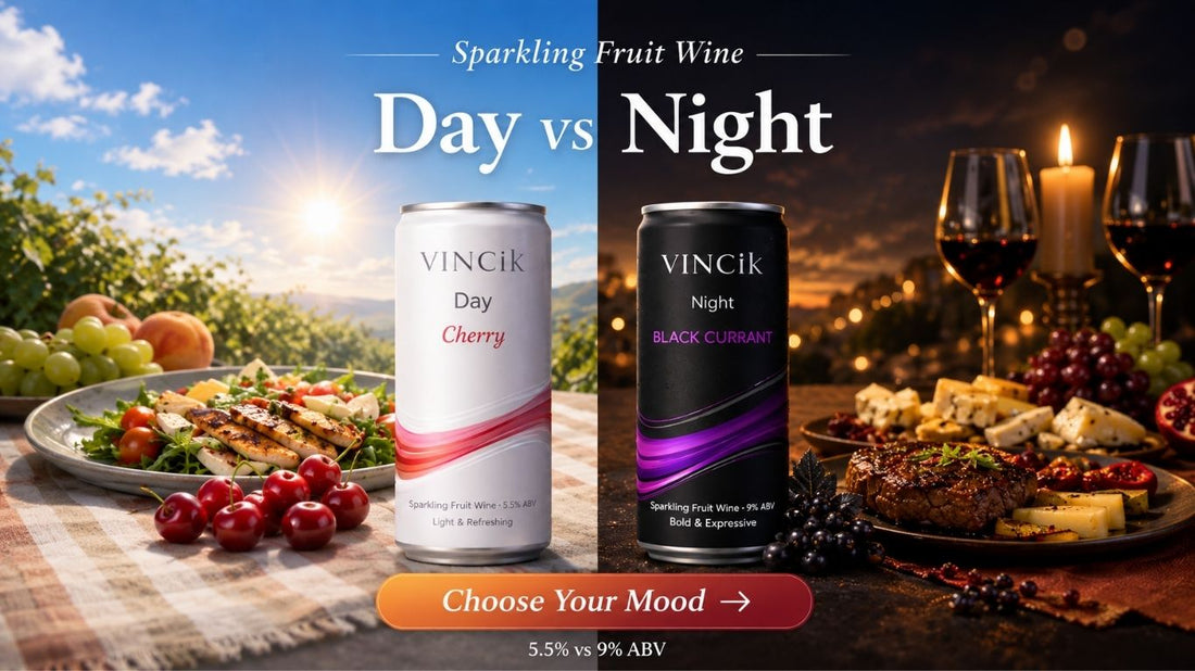 Day vs Night VINCik sparkling fruit wine pairing experience with 5.5% and 9% ABV choices.