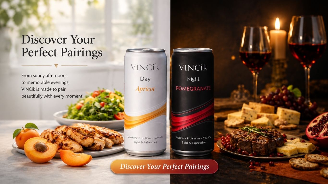 VINCik Day and Night sparkling fruit wine pairings in a premium daytime-to-evening food scene.