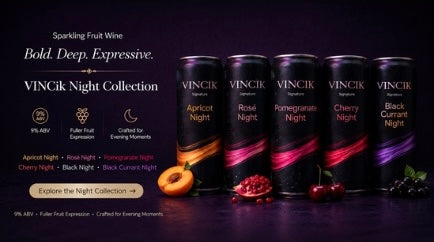 Horizontal banner featuring the VINCik Night Collection with five bold sparkling fruit wine flavors in a dark premium evening setting.