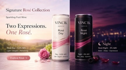 Horizontal banner featuring the VINCik Signature Rosé Collection with Day and Night Rosé sparkling fruit wine cans in a premium split-light composition.