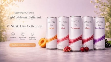 Horizontal banner featuring the VINCik Day Collection with five sparkling fruit wine flavors in a soft premium setting.