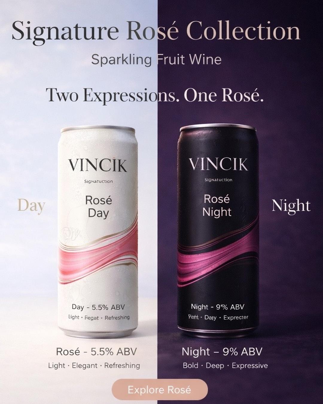 VINCik Signature Rosé Collection hero image showing Rosé Day 5.5% ABV and Rosé Night 9% ABV sparkling fruit wine cans side by side.